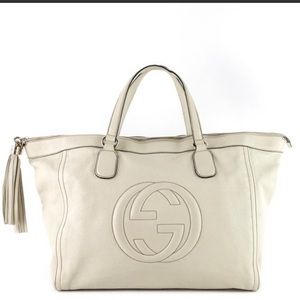 Gucci Top Handle Bag Soho Working Large Tassels White Leather Tote